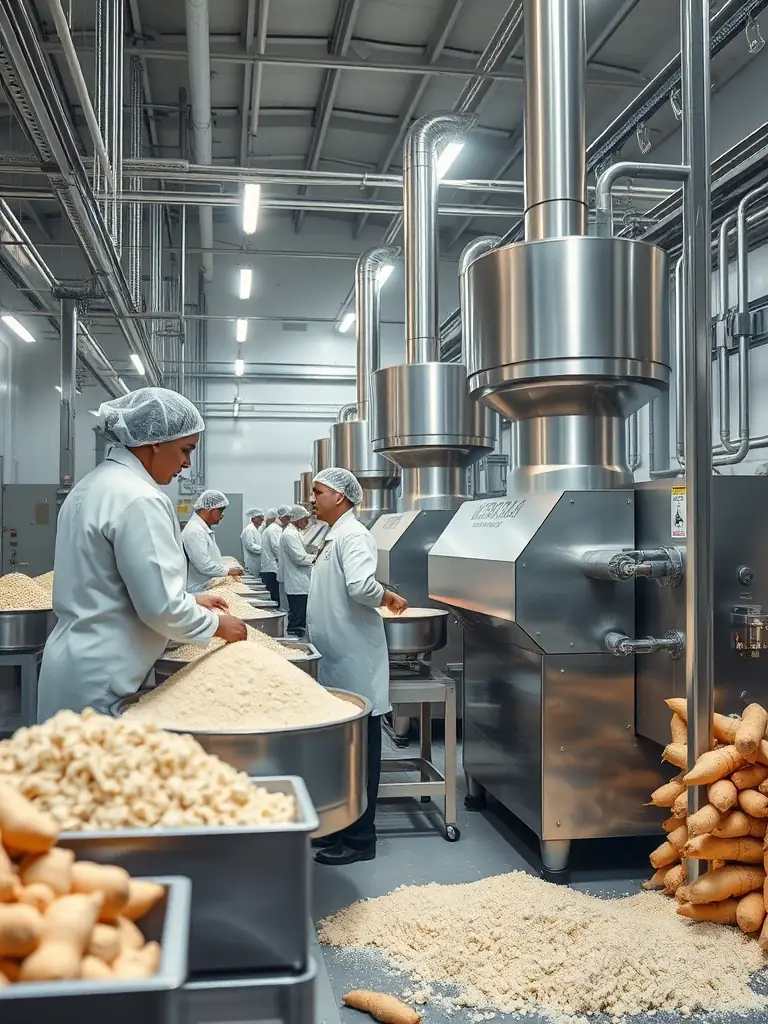 A photo of a modern cassava processing plant with workers overseeing the production of cassava flour, showcasing EHIMHANRE ROLEX AGRICULTURE NIG LIMITED's commitment to quality.