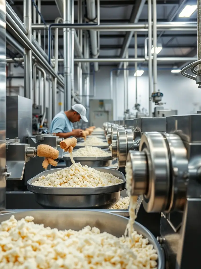 An image of cassava roots being processed into flour in a modern facility, showcasing the transformation of raw cassava into high-quality flour.