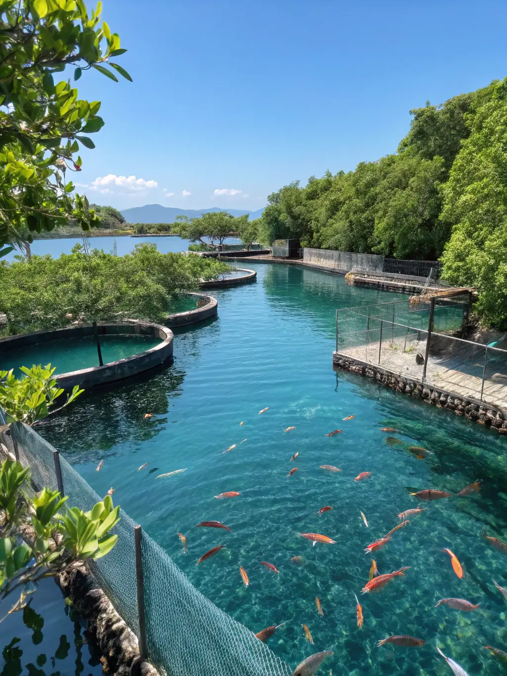 A vibrant image of a fish farm with healthy fish swimming in clean water, highlighting EHIMHANRE ROLEX AGRICULTURE NIG LIMITED's sustainable aquaculture practices.