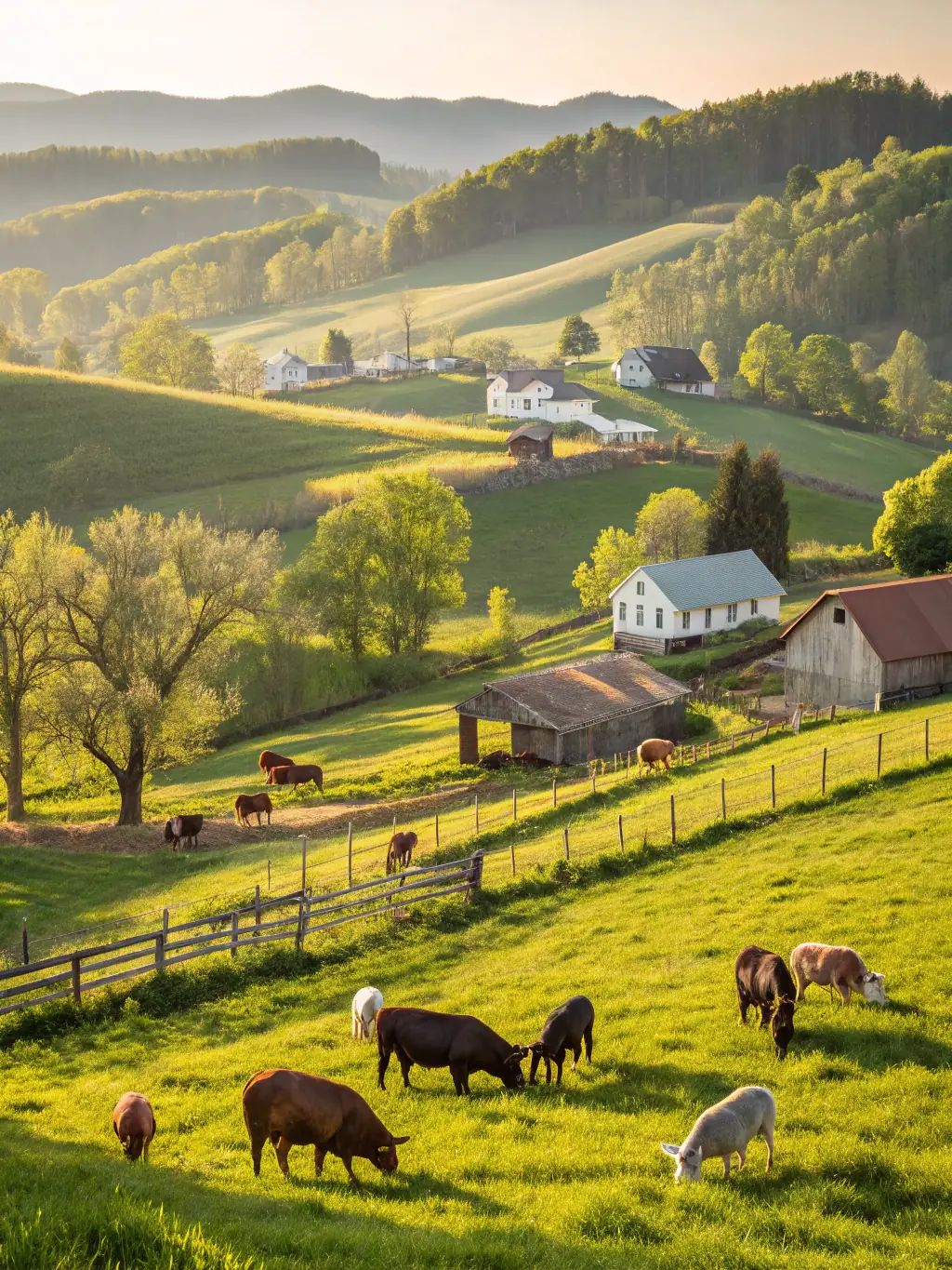A farm scene showing healthy livestock including goats, sheep, and pigs in a well-maintained environment, highlighting humane and sustainable rearing techniques.